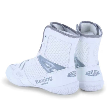 Zapatilla de boxeo blanco y gris vista posterior